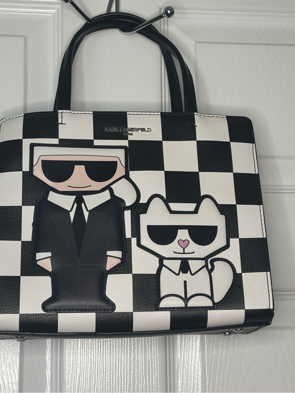 Karl Lagerfeld Black & White Checker Satchel with Character Appliqués (no strap)